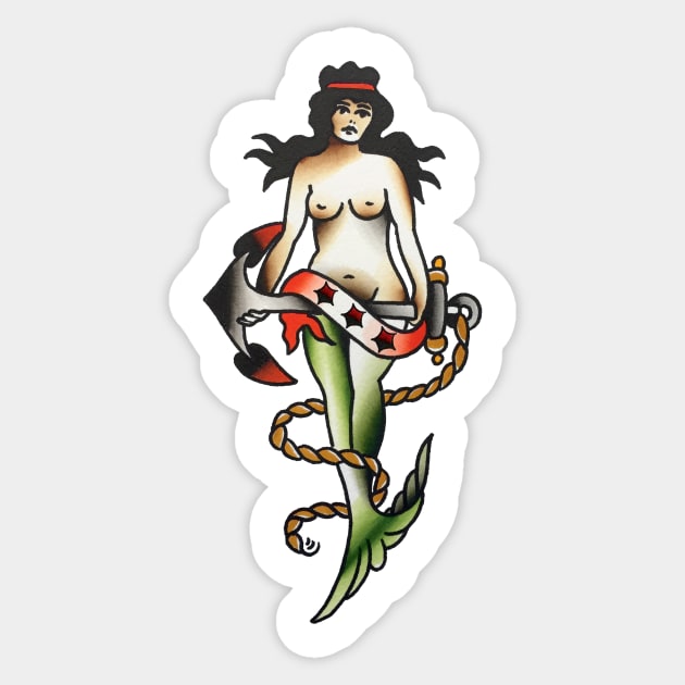 Mermaid with Anchor Tattoo Design Sticker by forevertruetattoo